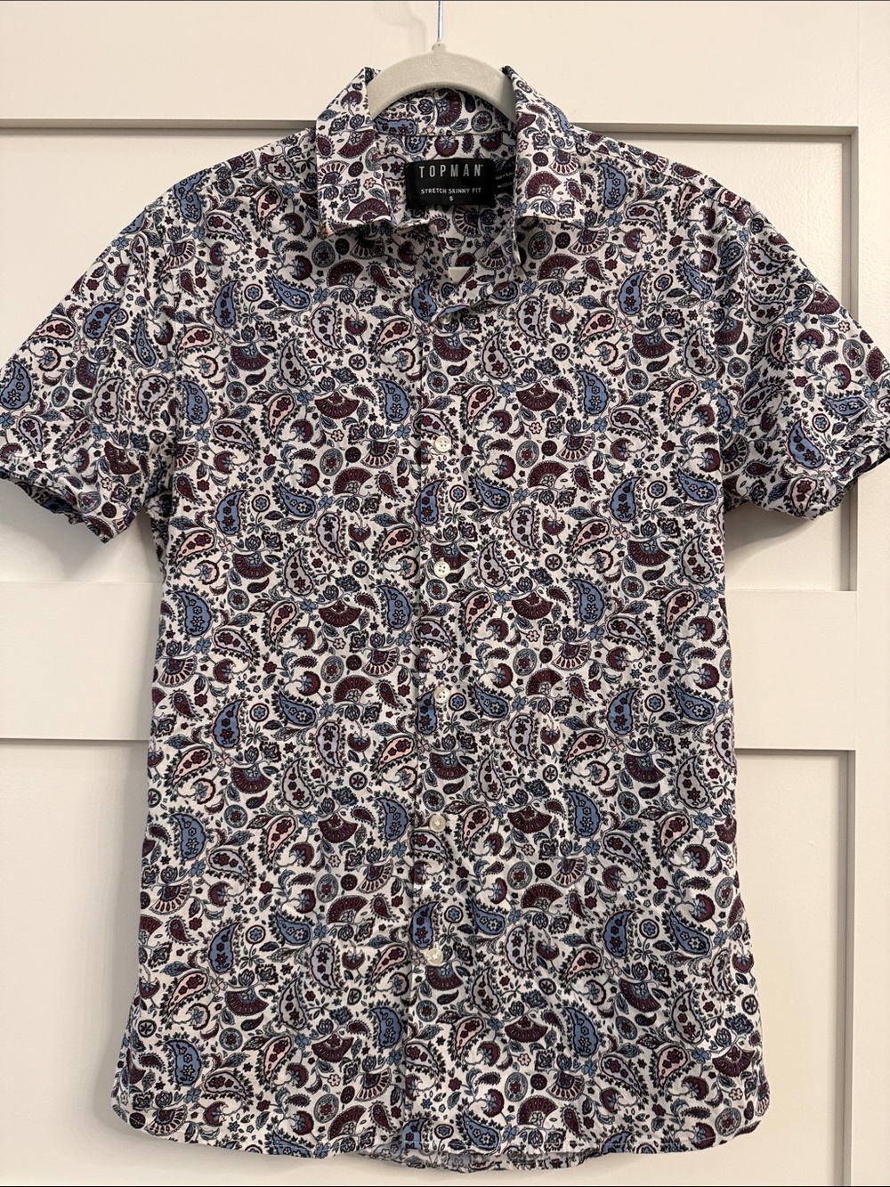 Topman White Paisley Short Sleeve Button-Down Shirt with Blue & Maroon